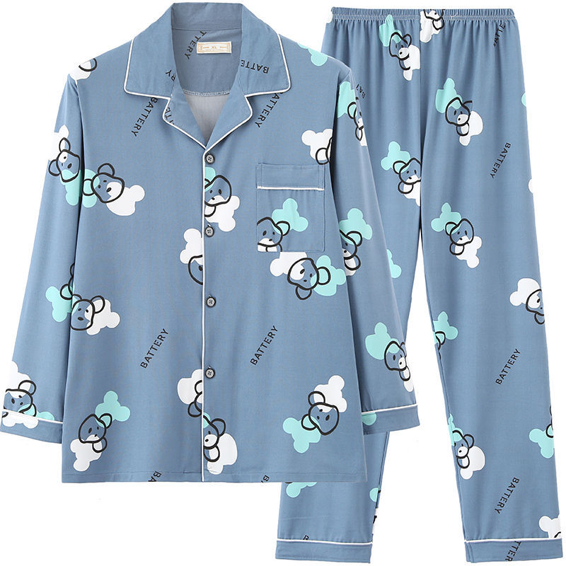 Pijamas pantalones de manga larga para hombre primavera y otoño verano más tamaño % Algodón puro verde de mediana edad cardigan homewear traje de dos piezas