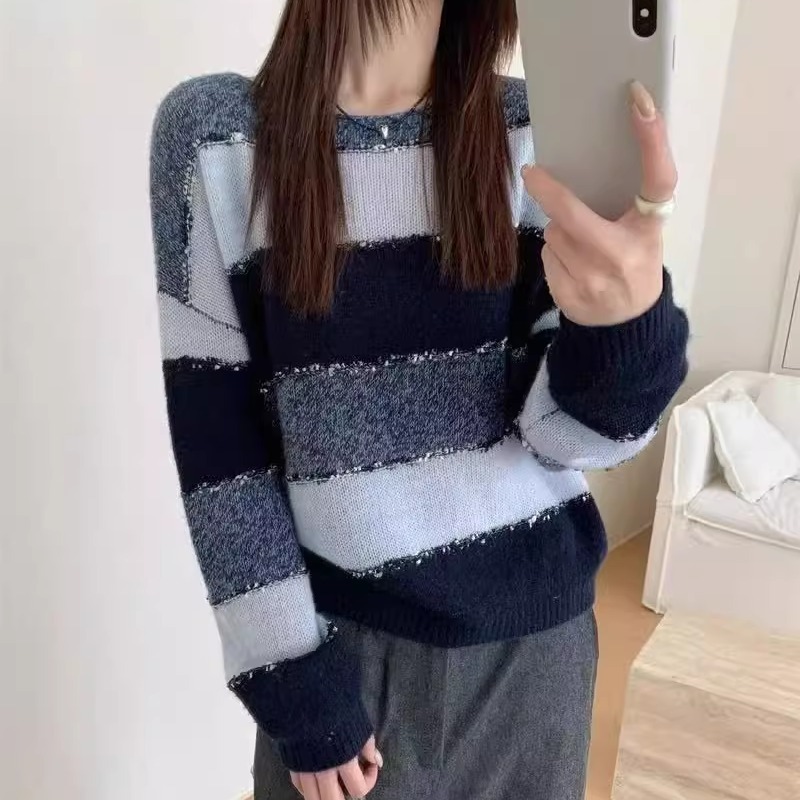 欧货重工条纹撞色羊毛衫女2025秋冬新款丝羊绒圆领宽松针织衫毛衣|undefined