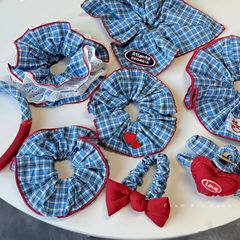 韓国の赤と青のコントラストチェック柄のかわいい刺繍入りヘアゴムとヘアロープ、毎日の雰囲気のヘアクリップヘアアクセサリー