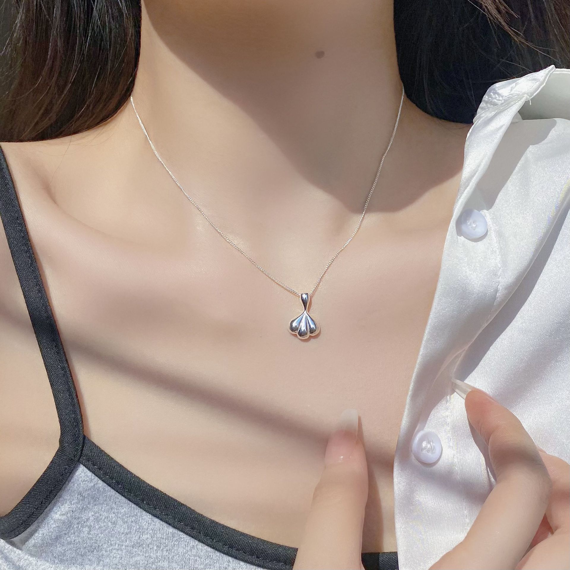 Holiday, Travel, Daily Occasion 925 Sterling Silver Plating Geometric Sector Shell Pendant Necklace Long Necklace Necklace