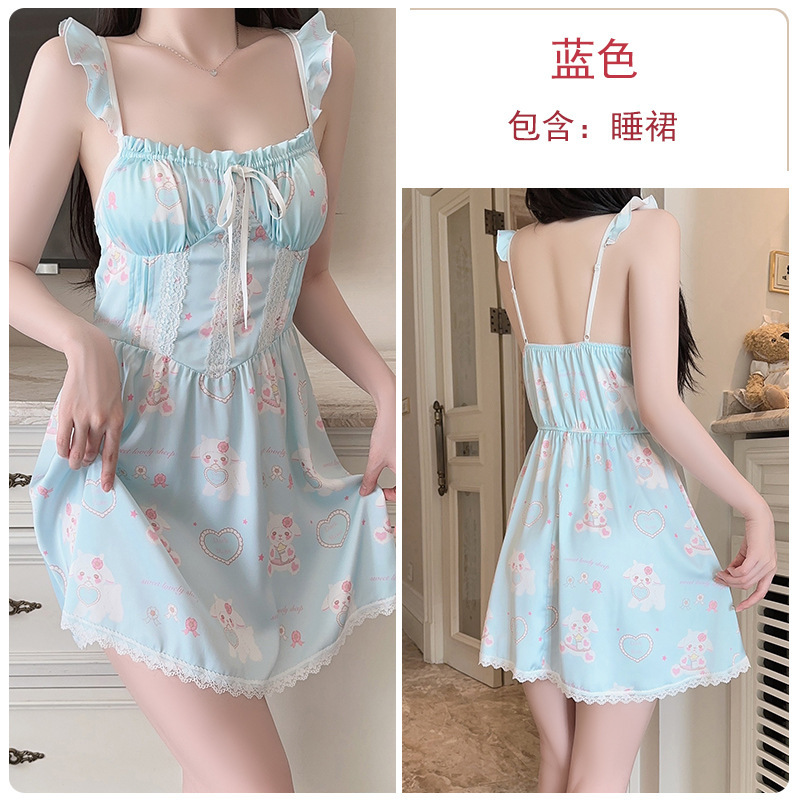 瑰若品牌内衣深V聚拢加胸垫甜美萝莉风缎面吊带裙家居服套装5168|undefined