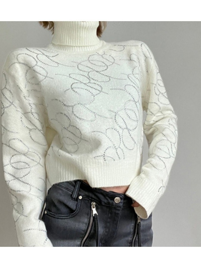 Hermoso top corto con cuello alto, suéter casual tipo pullover, estilo francés de lujo ligero, top con diseño de letras de diamantes de imitación inspirado en Chanel.