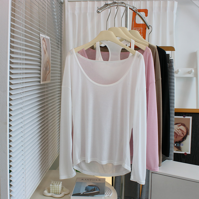 Pure Desire Style ~ Large Neckline Slightly See-Through Long-Sleeved T-Shirt Women's Thin Sun Protection Clothing Loose Slanted Off-Shoulder Top with Trendy Blouse