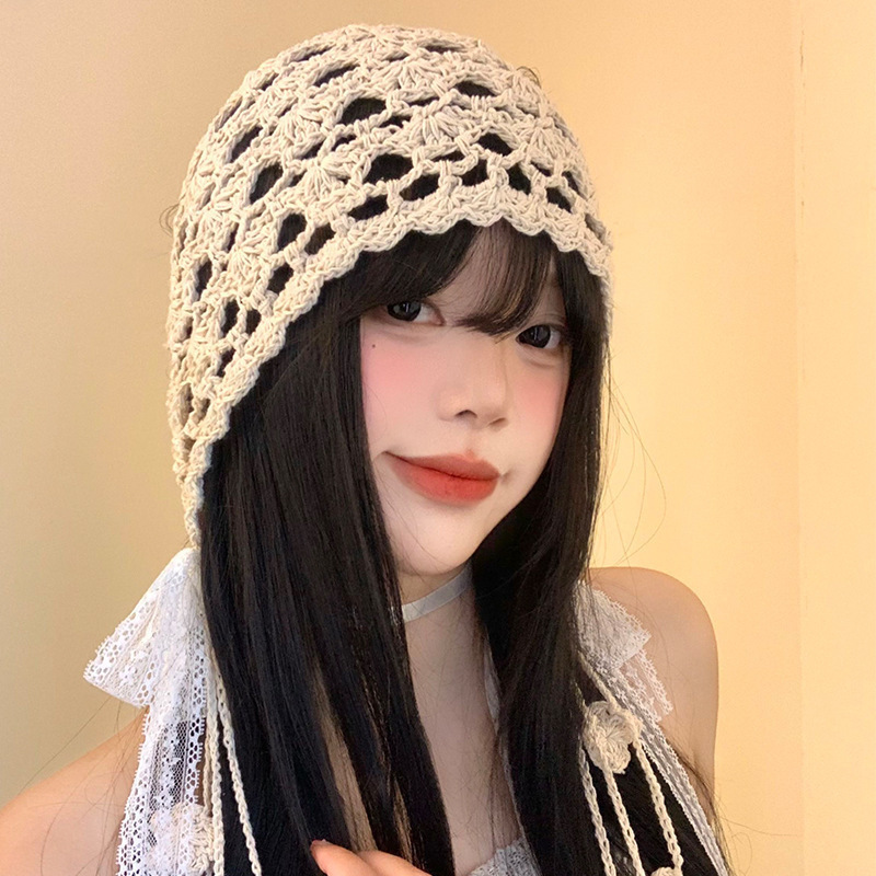 春夏薄款手工编针织帽女镂空钩花毛线帽甜美文艺显脸小包头堆堆帽|undefined