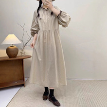 撞色木耳领长袖连衣裙2025日系森女系文艺纯色遮肉显瘦减龄长裙女