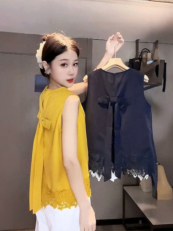 2025 新しい夏スタイルの年齢を軽減するリボンレースステッチノースリーブベスト女性通勤痩身多用途ベストトップ|undefined