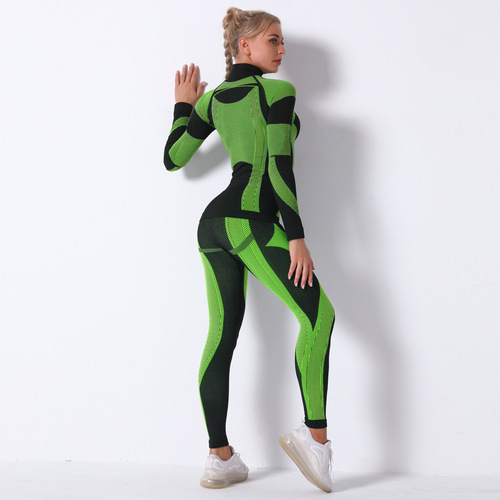 European and American seamless knitted striped sports yoga long-sleeved two-piece outdoor sports yoga set!