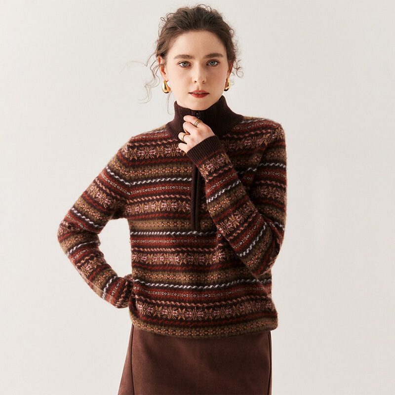 Lp Same Style Loose Retro Cashmere Knitwear Women's Thickeneded Jacquard Half-Zip Knitwear 2025 Autumn and Winter New Knitwear Lp Same Style Loose Retro Cashmere Knitwear Women's Thickeneded Jacquard Half-Zip Knitwear 2025 Autumn and Winter New Knitwear