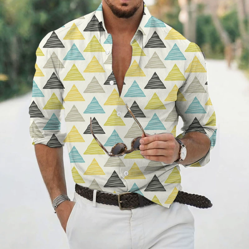 2023 новая повседневная модная мужская рубашка с длинными рукавами и треугольным элементом в европейском и американском стиле с 3D цифровой печатью