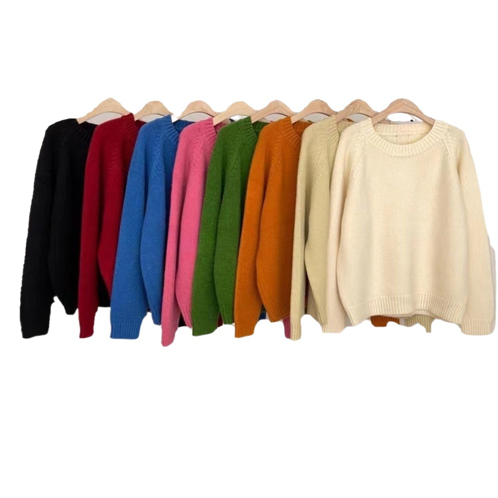 Otoño e invierno cuello redondo etiqueta de cuero suéter de color caramelo estilo coreano Elegante ropa interior suelta adelgazante suéter superior