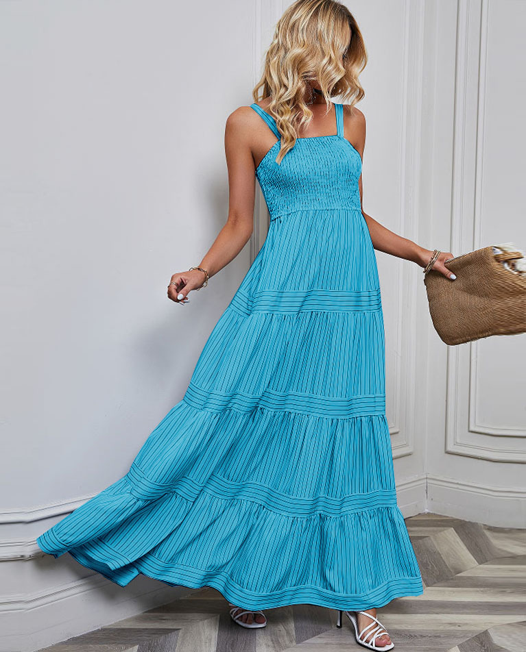 Women's Strap Dress Fashion Square Neck Printing Sleeveless Stripe Maxi Long Dress Daily display picture 3