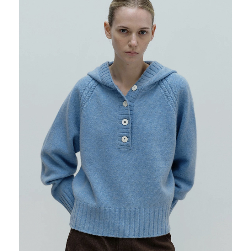 Moondal Button Half Placket Henley Collar Hooded Knitted Cardigan Women's Autumn and Winter Thickeneded Warm Pullover Sweater