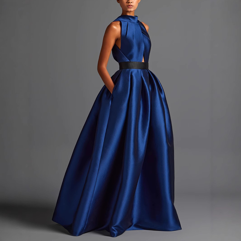 Amazon TEMU Hot Sale Fashion Back Pleated dress Pocket Sling Satin Blue Evening Dress dress