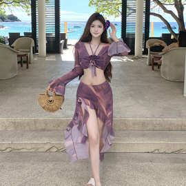 度假泳衣女高颜值洋气拍照ins风分体式透明比基尼小清新紫色泳装