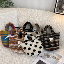 4111 新款冬季毛绒包女便当包法式波点逛街手提包上班通勤手拎包
