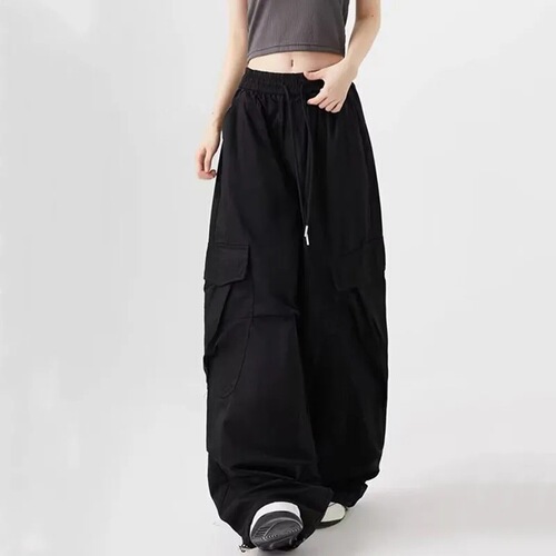 Slim Fit American Style Ins Black Work Pants for Men and Women, Drawstring Design, Casual Wide Leg Pants, Relaxed Fit Jazz Dance Pants