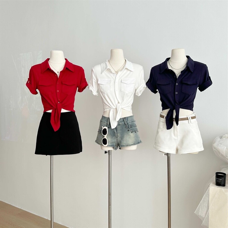Hot Girl Lapel Mid-Sleeve Shirt for Women, Summer Pure Desire Style, Sexy Tie-Up Waist-Cinching Short Crop Top Cardigan Hot Girl Lapel Mid-Sleeve Shirt for Women, Summer Pure Desire Style, Sexy Tie-Up Waist-Cinching Short Crop Top Cardigan