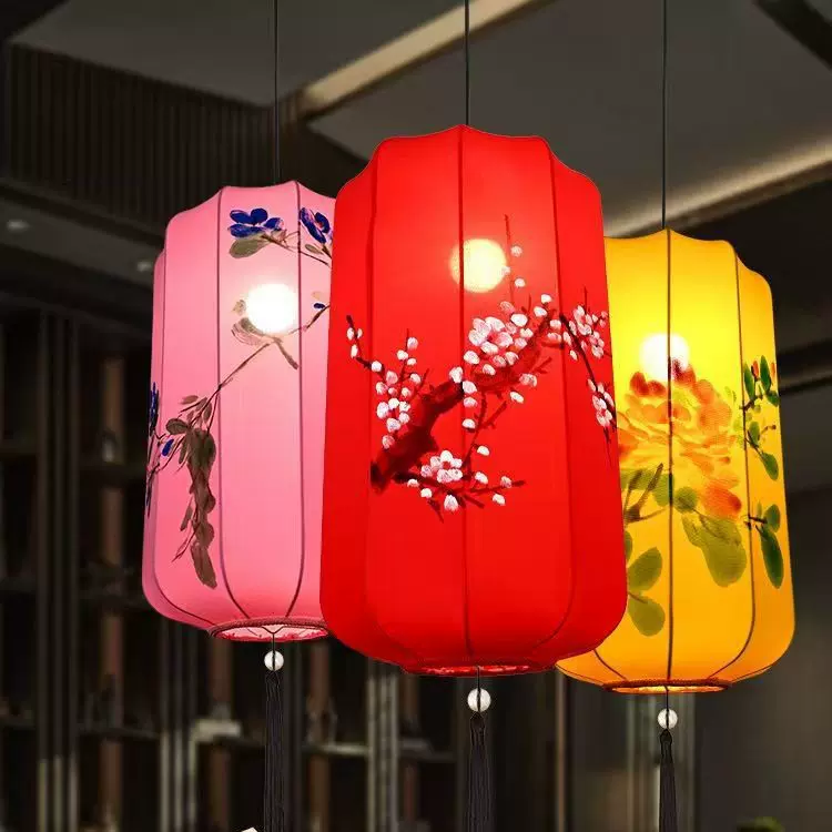 新中式布艺手绘长灯笼火锅店茶楼酒店装饰创意铁艺灯新年灯笼批发