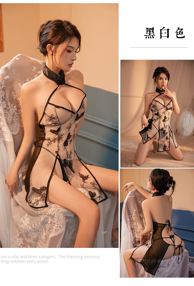 Women’s Cheongsam Lingerie Set with Embroidered Neck and Sheer Panels, Black, One Size — detail image 12