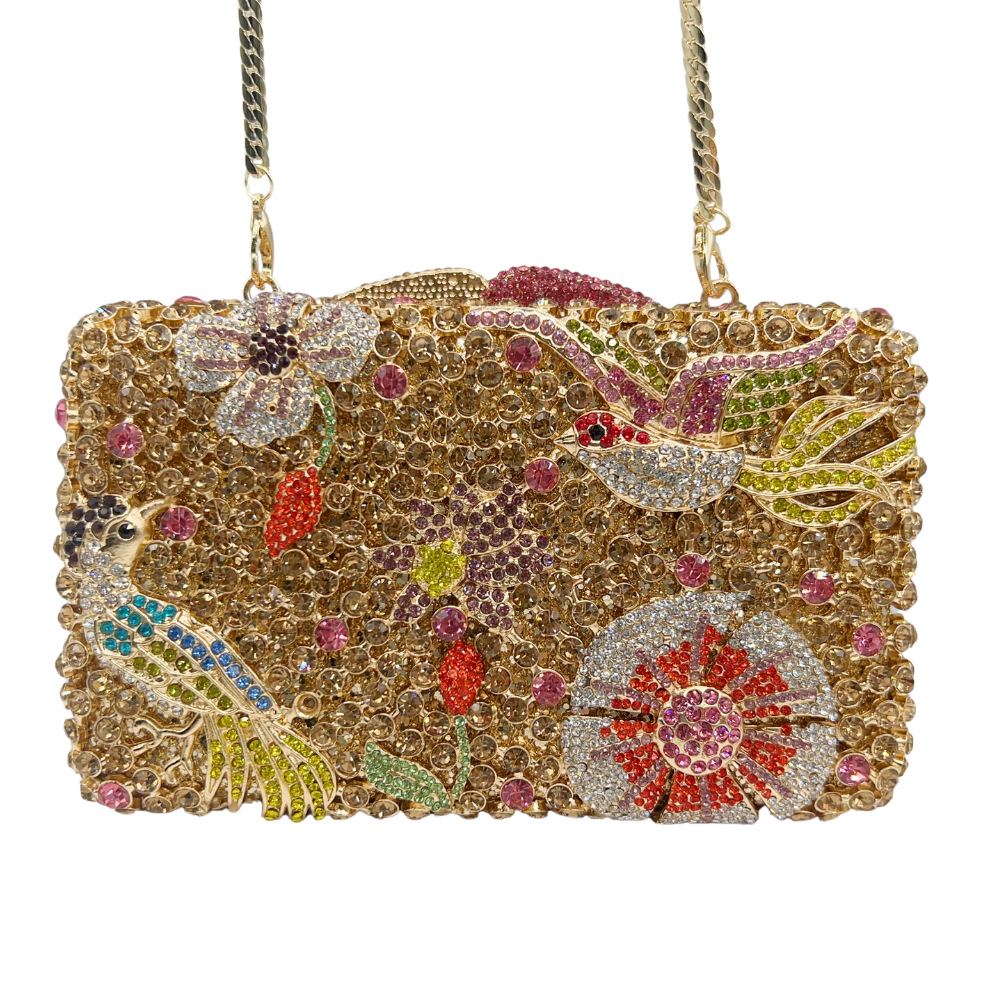 Túi clutch dạ hội nạm kim cương hoa hộp kim loại cứng — màu vàng