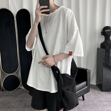 2023新款日系男士宽松纯色圆领套头短袖T恤外码亚马逊棉麻上衣男