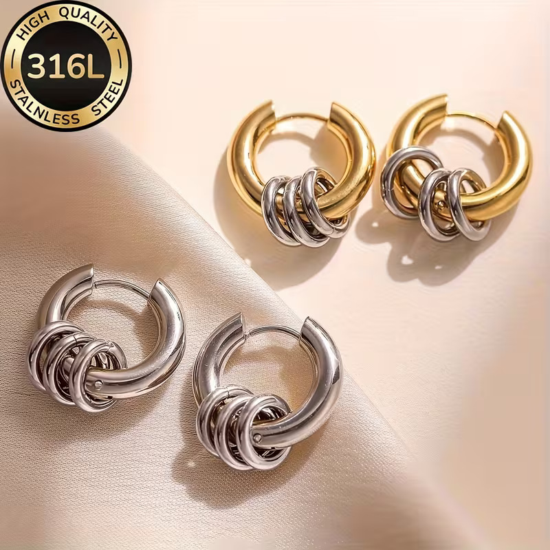 European and American Style 316 Stainless Steel Two-Tone Circular Pendant Earrings, Simple and Fashionable, Versatile Vacuum-Plated 18K Gold Ear Jewelry