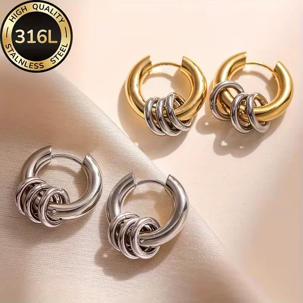 European and American Style 316 Stainless Steel Two-Tone Circular Pendant Earrings, Simple and Fashionable, Versatile Vacuum-Plated 18K Gold Ear Jewelry