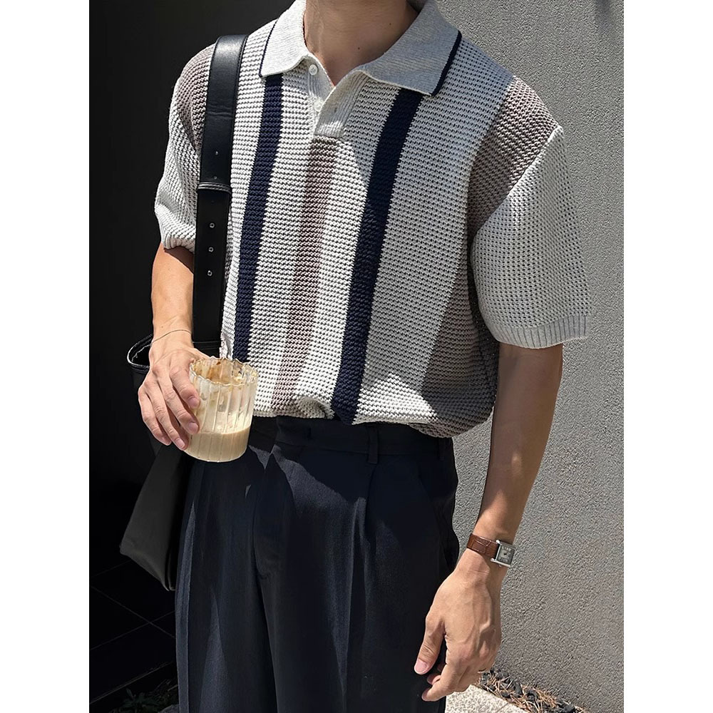 POLO camisa solapa suéter de manga corta hombres rayas huecas negocios británicos verano hielo seda marea comercio exterior transfronterizo al por mayor