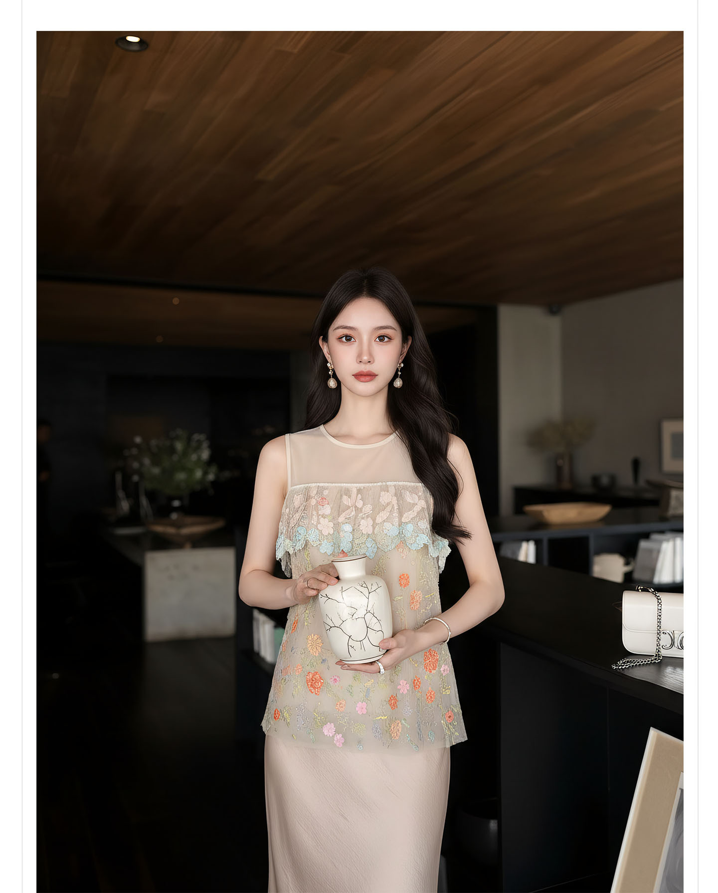 Bộ váy áo vest không tay phong cách Trung Hoa thêu ren họa tiết nặng, chất liệu thoáng khí, gồm áo vest và chân váy nửa kèm theo — bộ đồ, Champagne màu nửa váy, Áo khoác màu mơ chi tiết 2