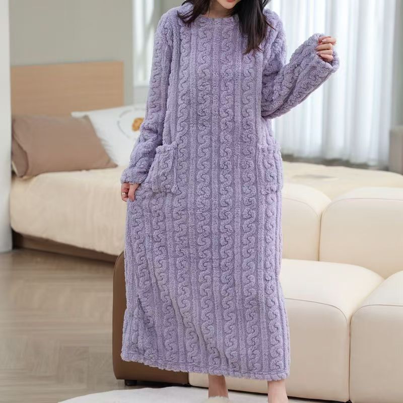 大码珊瑚绒睡裙女秋冬新款加厚保暖家居服睡袍提花舒棉绒长款浴袍|undefined