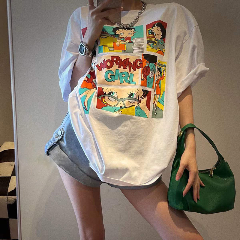 Summer New Commuter Style Loose Large Size Pure Cotton Short-Sleeved T-Shirt Women's Mid-Length Anime Print Trendy Brand Hot Sale