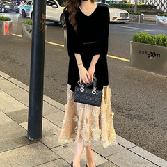 法式气质连衣裙女秋季新款时髦洋气中长款拼接长裙