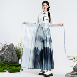 新中式国风马面裙女春夏新款一片式长裙汉服遮胯百褶半身裙子批发