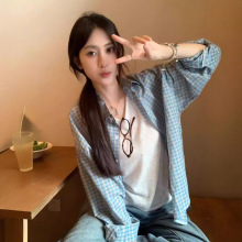 简约小众格纹衬衫早秋休闲宽松百搭长袖上衣复古小格子衬衣女批发