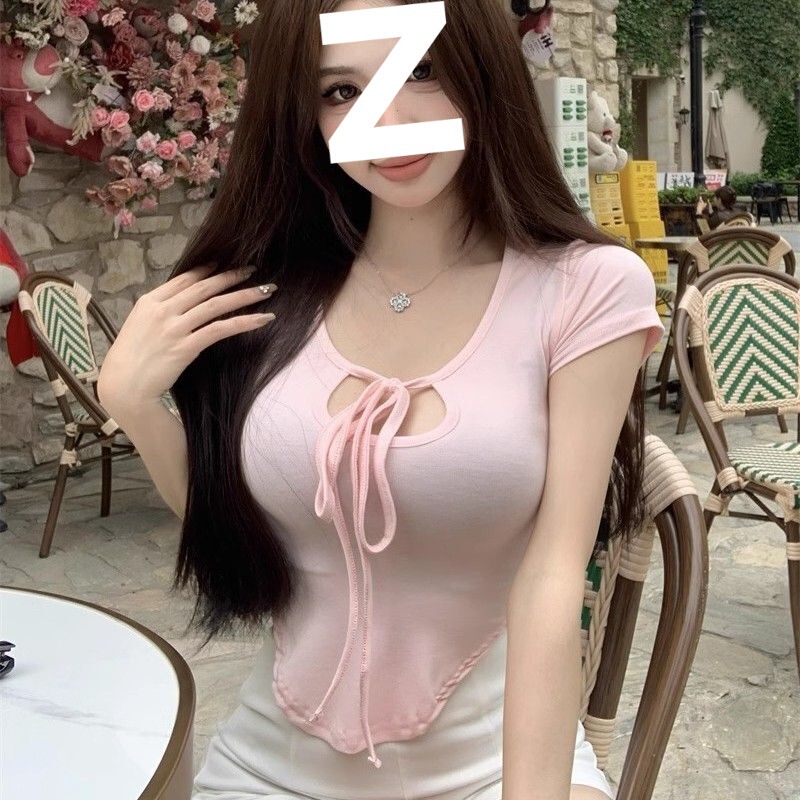 纯欲显胸辣妹绑带镂空紧身短袖正肩T恤女夏季显瘦不规则短款上衣|undefined