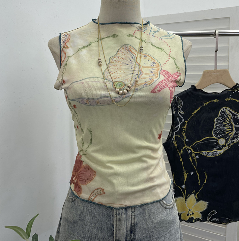 实拍 艺术感印花双层网纱无袖半高领打底衫T恤修身短款背心女9629|undefined