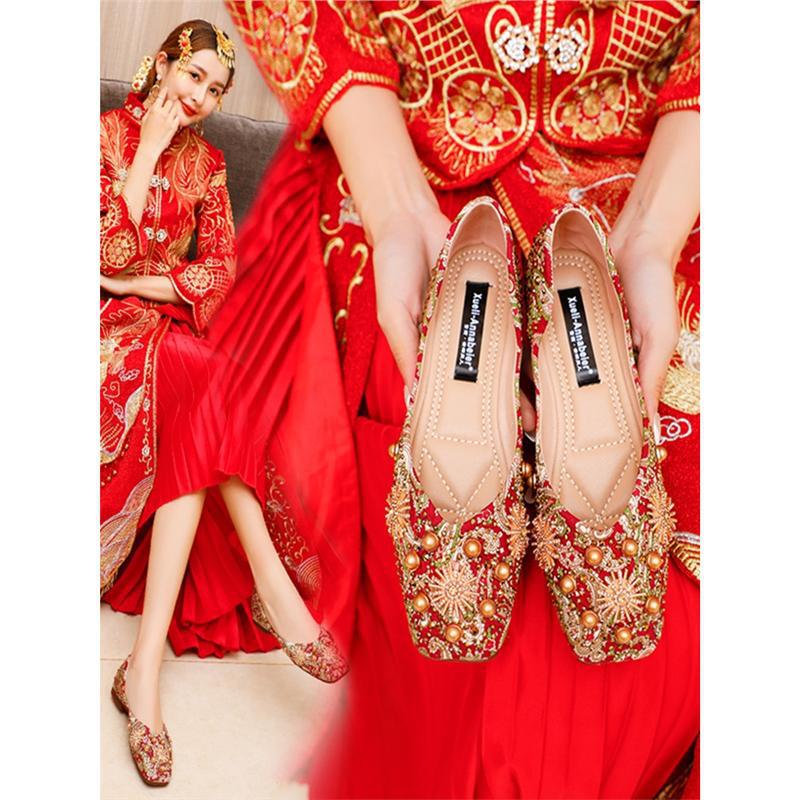 2025 Spring Xiuhe Wedding Shoes Chinese Style Wedding Single Shoes Shallow Mouth Bridal Shoes Women's Red Flat Maternity Shoes 2025 Spring Xiuhe Wedding Shoes Chinese Style Wedding Single Shoes Shallow Mouth Bridal Shoes Women's Red Flat Maternity Shoes
