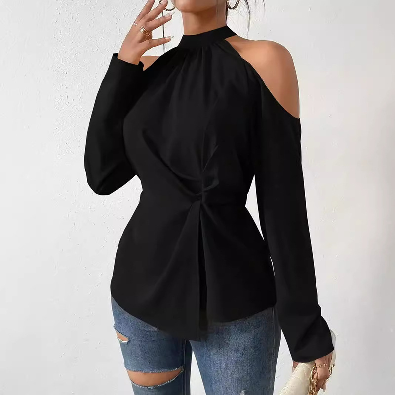 Cross-border European and American Women's Bow Top AliExpress Shoulder Long Sleeve New Cold Shoulder Necklace Collar Shirt Spring