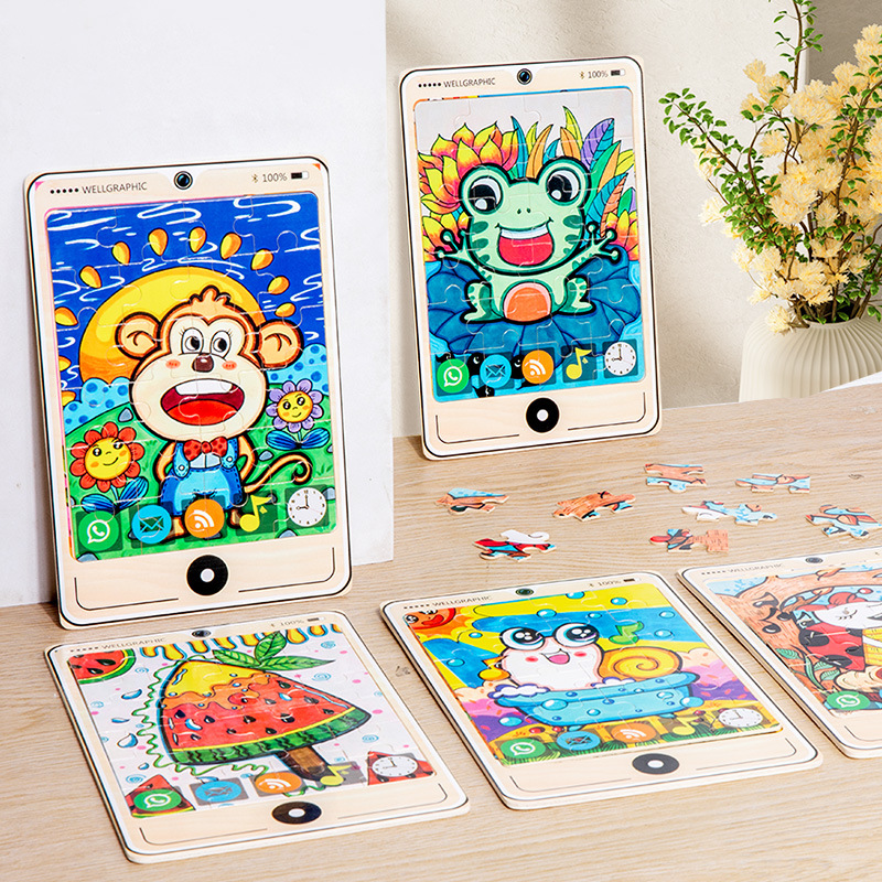 Madera transfronteriza 24 piezas modelo de teléfono móvil rompecabezas niños dibujos animados de madera plano rompecabezas juguetes de educación temprana