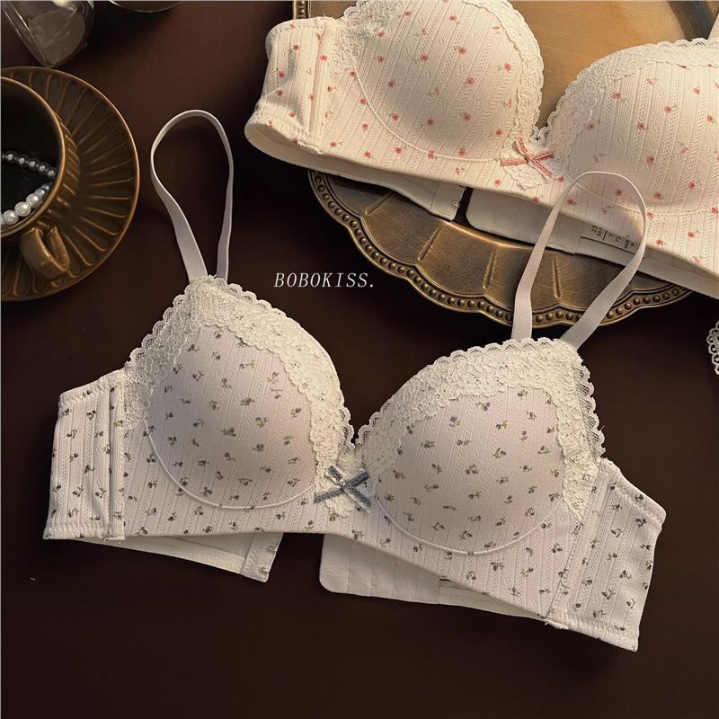 蕾丝甜美碎花内衣女无钢圈收副乳小胸聚拢收副乳舒适透气文胸罩夏|undefined