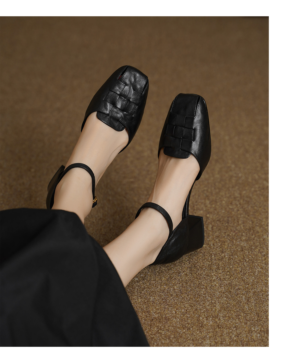 Sandal nữ da dê bện mũi kín quai ngang gót vuông trung bình — đen chi tiết 7