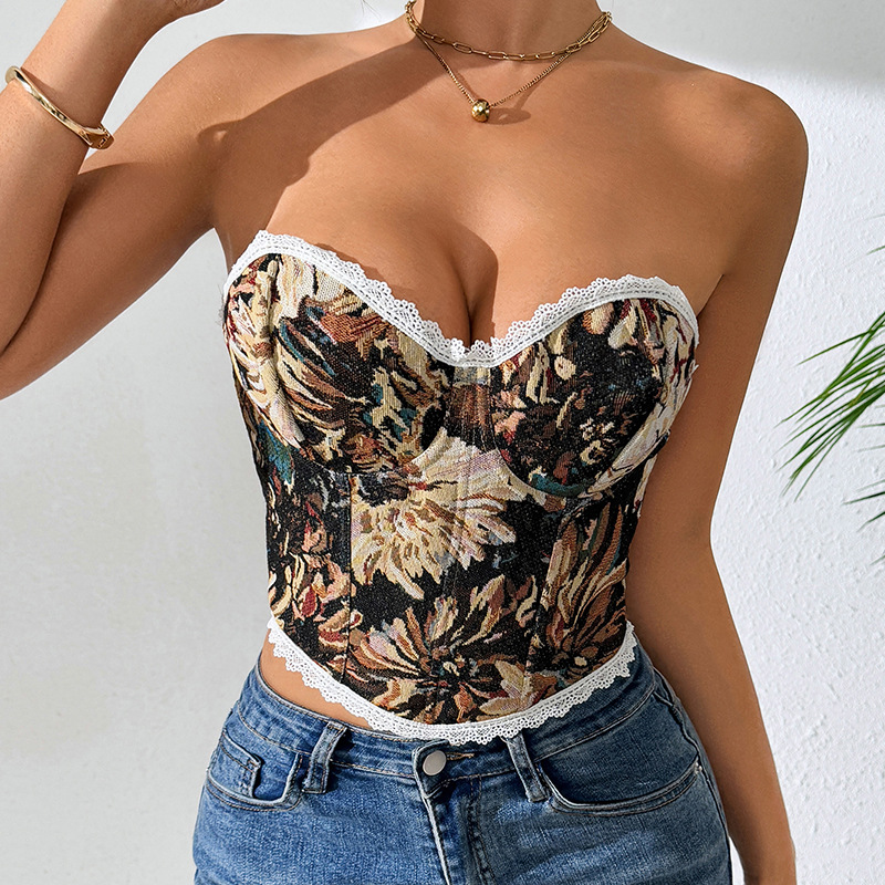 Top corset retro com barbatanas e amarração cruzada mulher_voghion.com