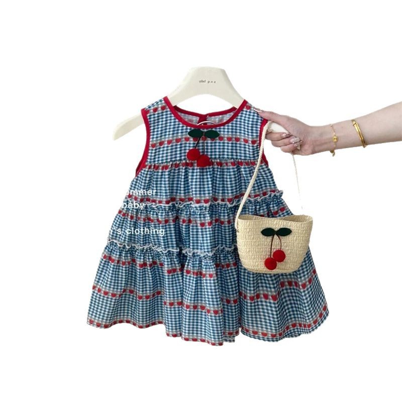 Xianning siete ropa para niños verano nuevo estilo niña dulce azul a cuadros vestido sin mangas falda chaleco de cereza de bebé femenino