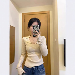 纯欲风辣妹POLO针织衫女早秋穿搭打底设计感小众修身显瘦别致上衣