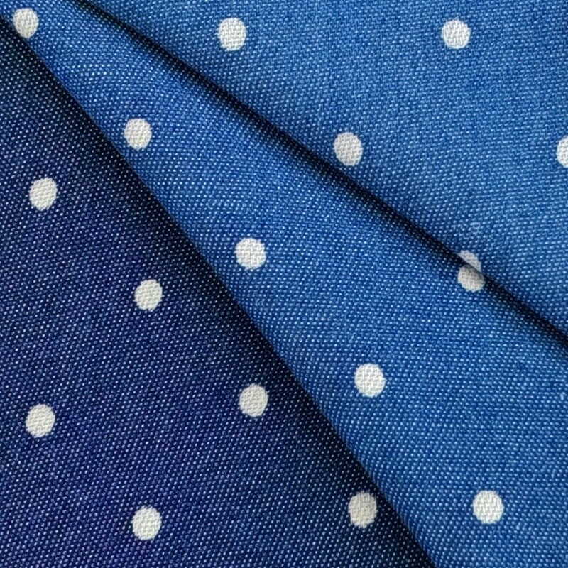 Printed polka dot denim fabric, no-wash denim fabric for pants, skirts, and jackets, available in stock for wholesale, direct from the manufacturer Printed polka dot denim fabric, no-wash denim fabric for pants, skirts, and jackets, available in stock for wholesale, direct from the manufacturer