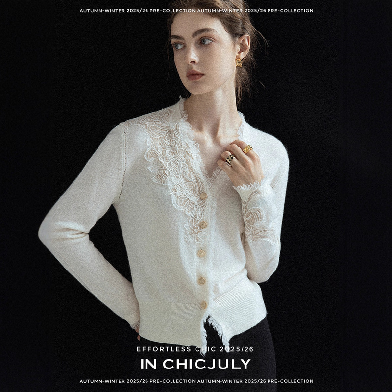 Hanyuan Apparel/2026/Free-Spirited Realm_Water-Soluble Lace Ultra-Fine Wool Base Knit Cardigan Sweater for Women