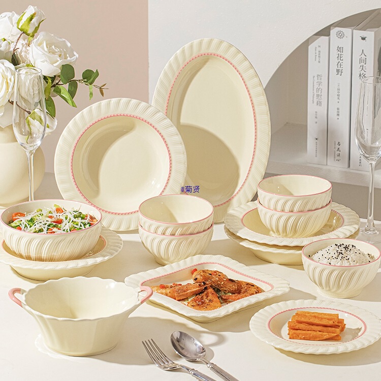 Underglaze Color Bowl and Dish Set for Home Use 2025 Cream Style High-Value Ceramic Tableware Set High-Value Bowls and Plates for Housewarming