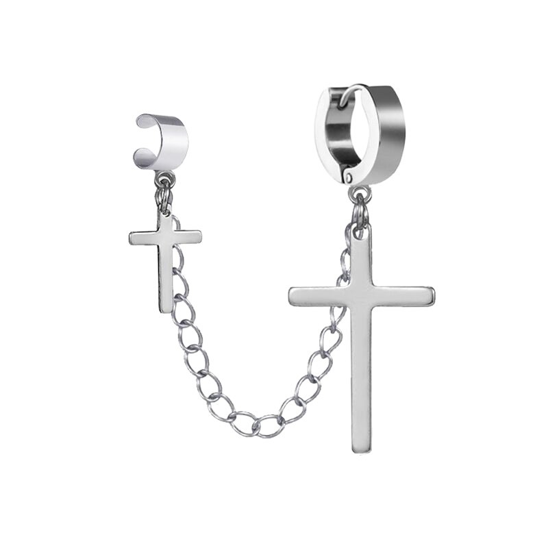 Men's Black Silver Stainless Steel Chain Pendant Cross Earrings C-Shaped Clip On Jewelry_voghion.com