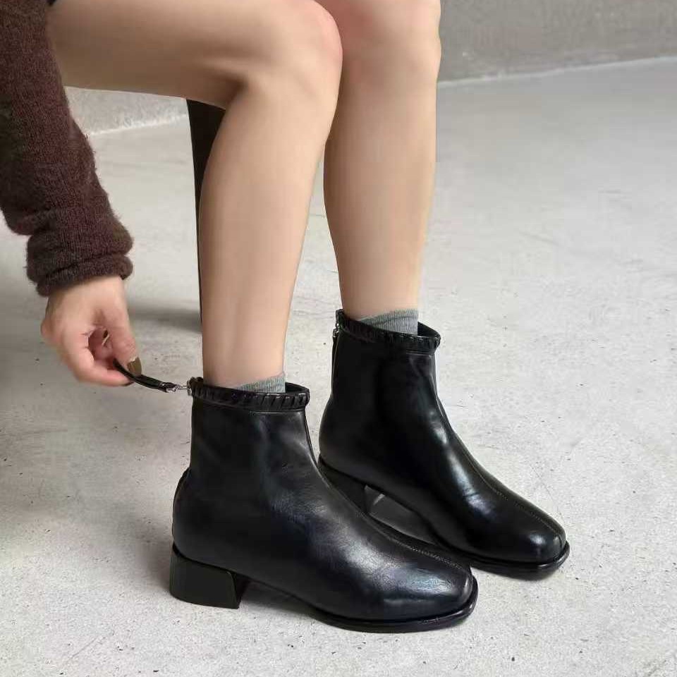 European Style Women's Short Boots 2025 Autumn Winter Fashion Soft Retro Small Square Toe Comfortable Back Zipper Chunky_voghion.com