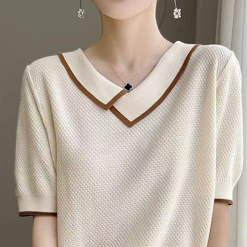 2025 New Summer Style Color-Blocked Lapel Short-Sleeved Tops for Women Mesh Pullover T-Shirt Ice Linen Stripesd Bottoming Shirt